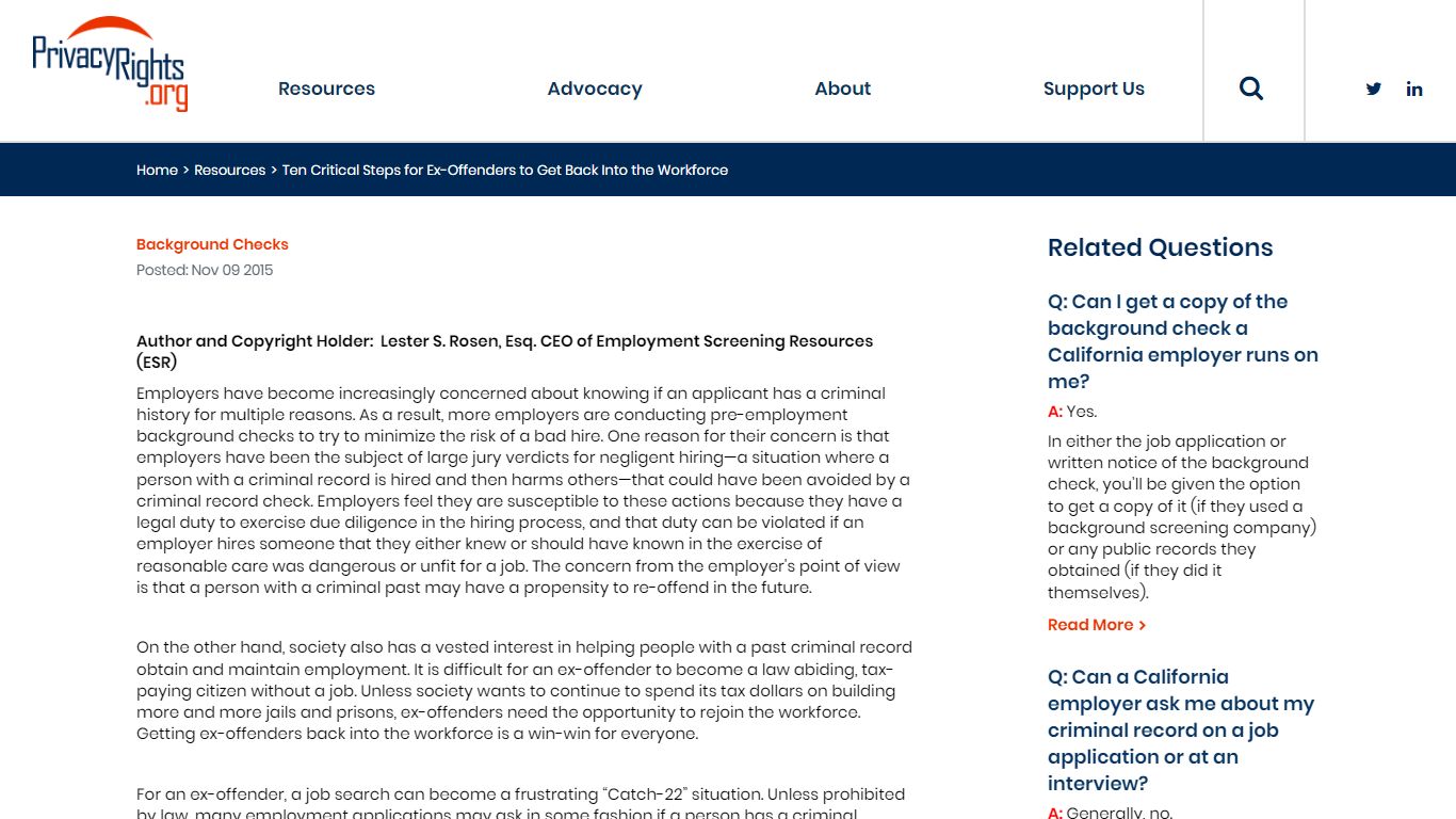 Ten Approaches for Ex-Offenders - Privacy Rights Clearinghouse